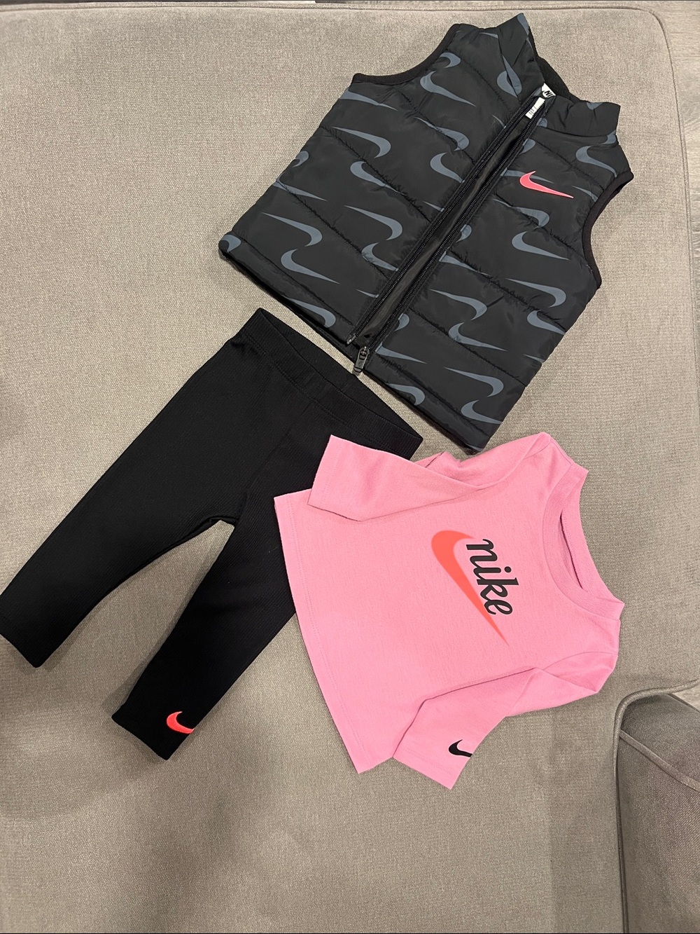 Nike Girls Pink Top, Black Leggings & Black Swoosh Vest Set